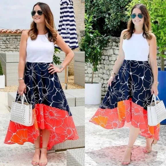 NEW Hutch Anthropologie White Blue Orange Peachy High Low Dress Midi Medium - Picture 1 of 8